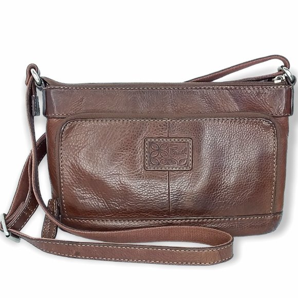 Vintage Fossil Crosstown Crossbody Bag Brown Pebbled Leather Multi Compartment - Picture 4 of 12